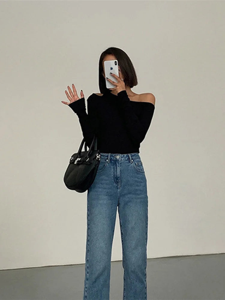 Fashion Skew Collar Off-shoulder Long-sleeved T-shirts