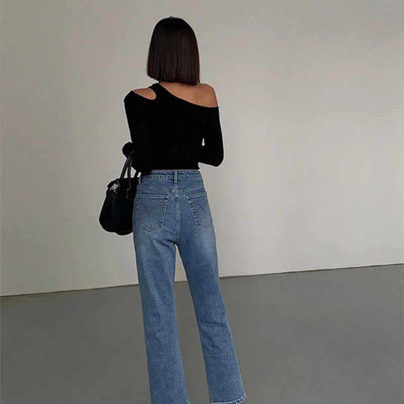 Fashion Skew Collar Off-shoulder Long-sleeved T-shirts