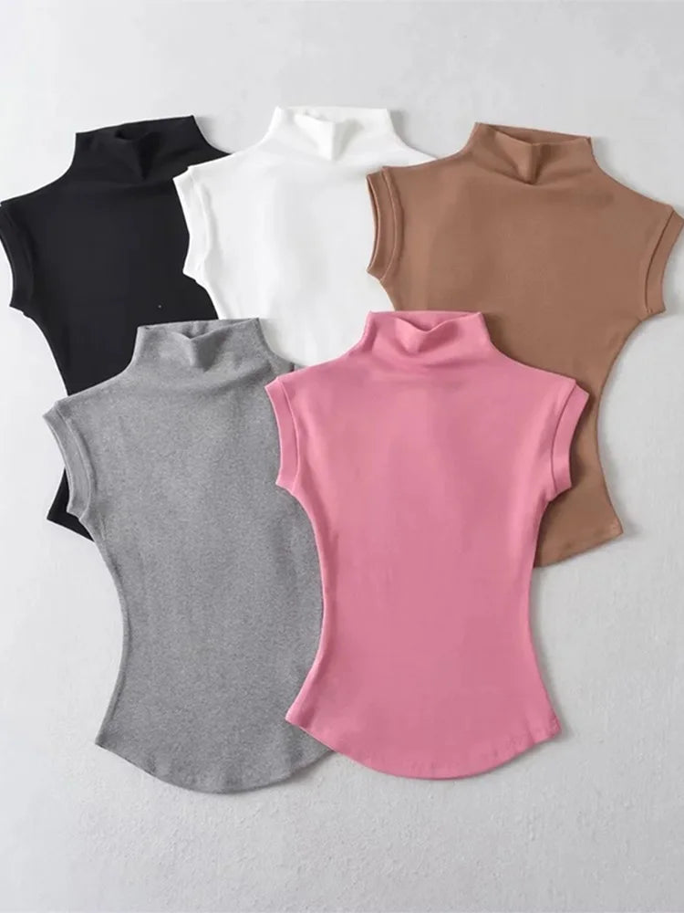 Women Summer Turtleneck Sleeveless T-Shirts Tops