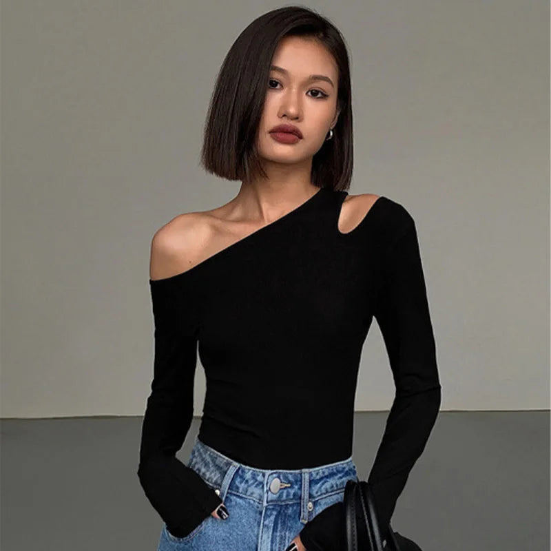 Fashion Skew Collar Off-shoulder Long-sleeved T-shirts