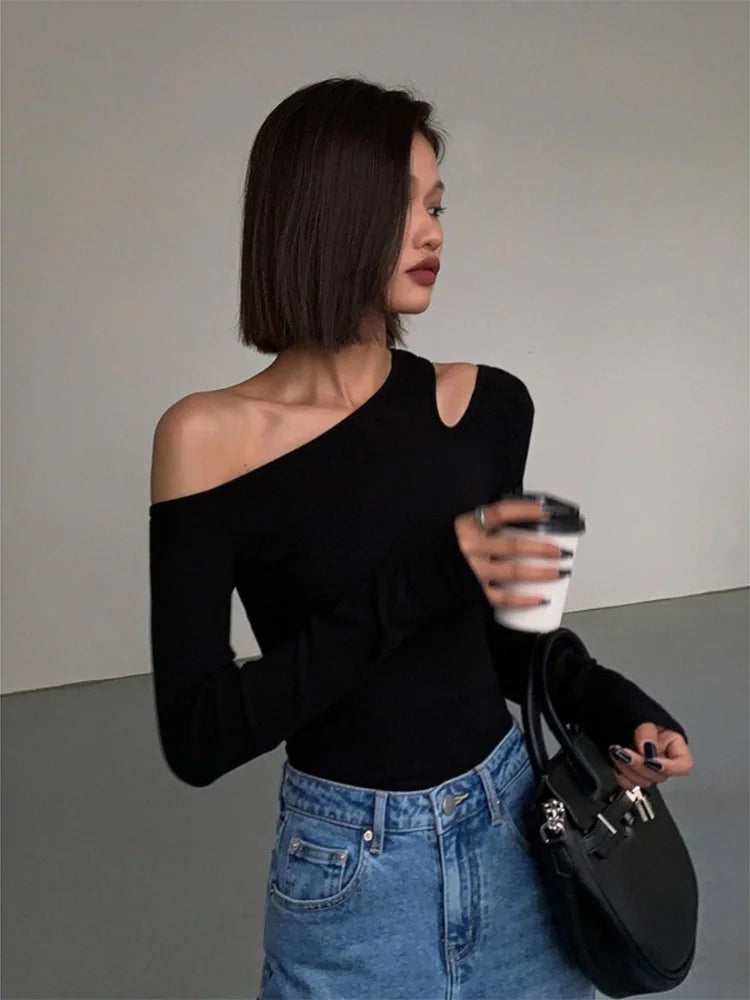 Fashion Skew Collar Off-shoulder Long-sleeved T-shirts