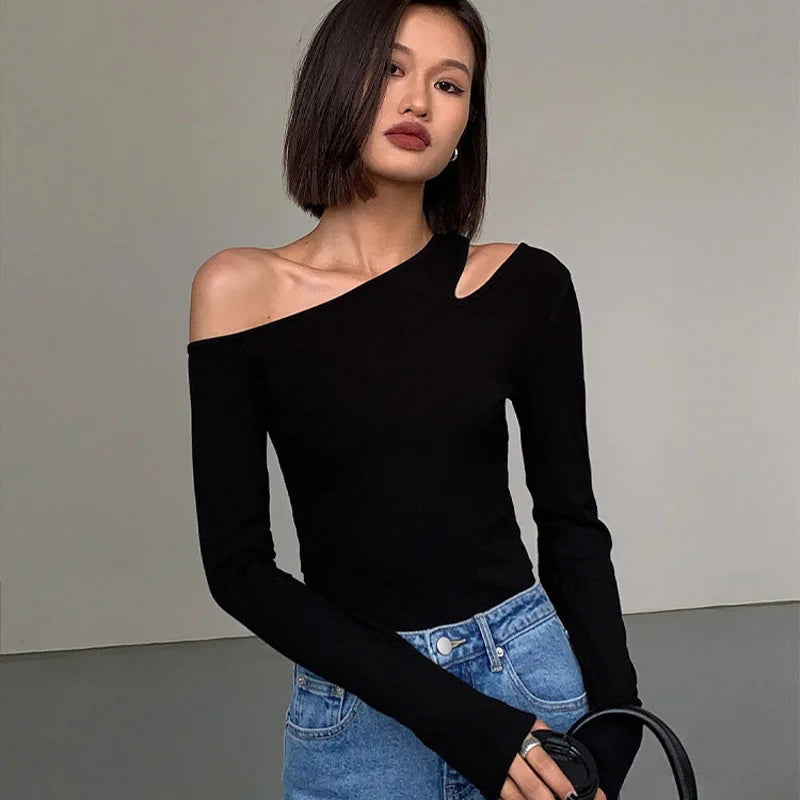 Fashion Skew Collar Off-shoulder Long-sleeved T-shirts