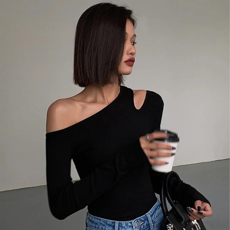 Fashion Skew Collar Off-shoulder Long-sleeved T-shirts