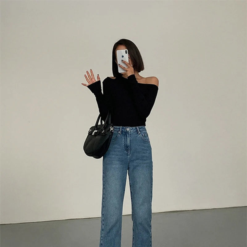 Fashion Skew Collar Off-shoulder Long-sleeved T-shirts