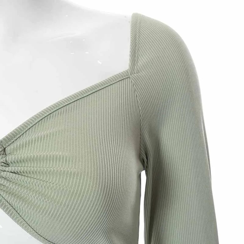 Hollow-Out V-neck Long Sleeve Crop Tops