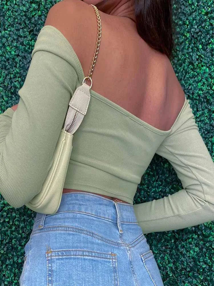 Hollow-Out V-neck Long Sleeve Crop Tops