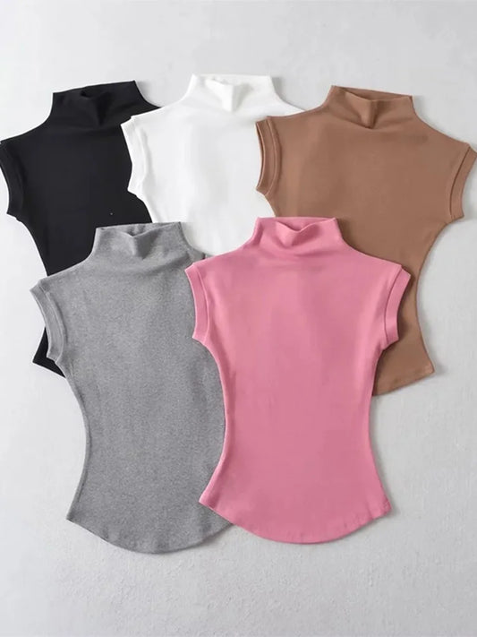 Women Summer Turtleneck Sleeveless T-Shirts Tops