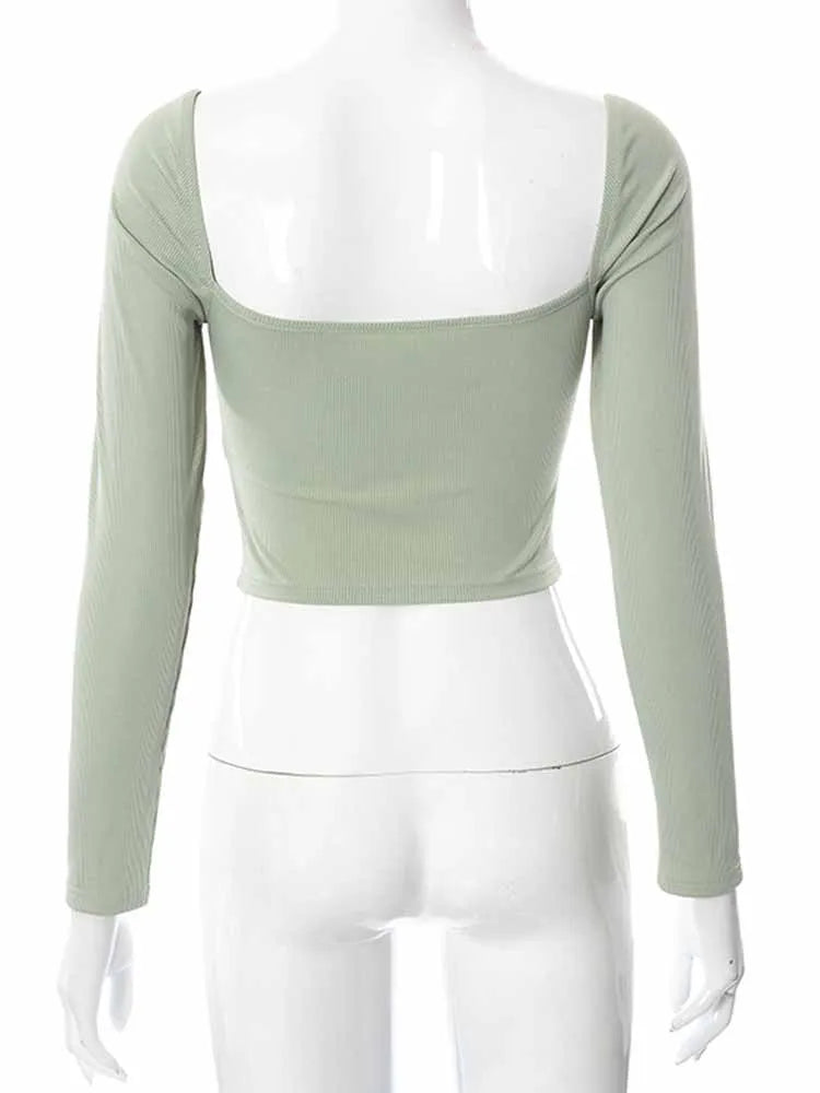 Hollow-Out V-neck Long Sleeve Crop Tops