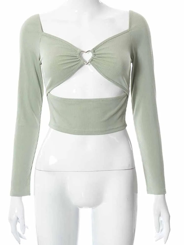 Hollow-Out V-neck Long Sleeve Crop Tops