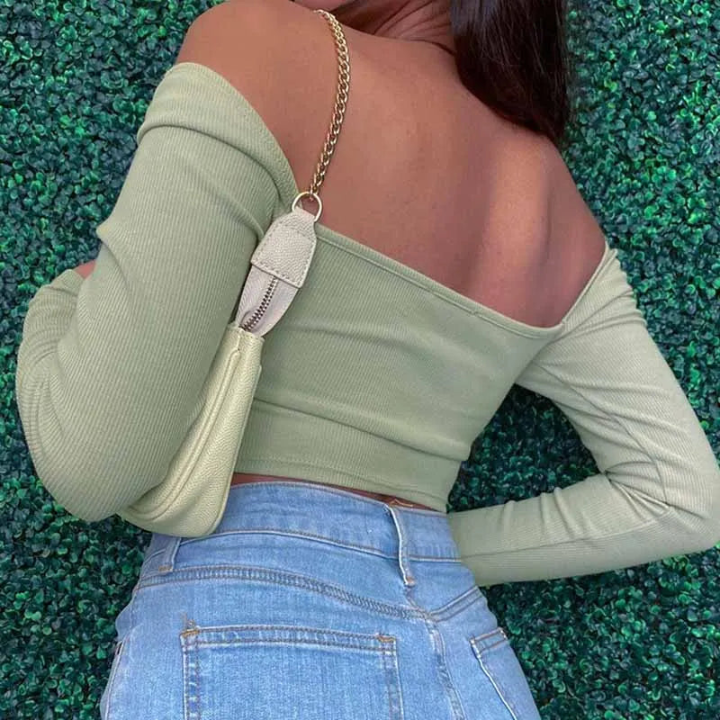 Hollow-Out V-neck Long Sleeve Crop Tops